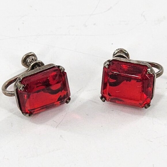 Vintage Signed Red Garnet 925 Sterling Silver Rectangle Earrings - Picture 1 of 4